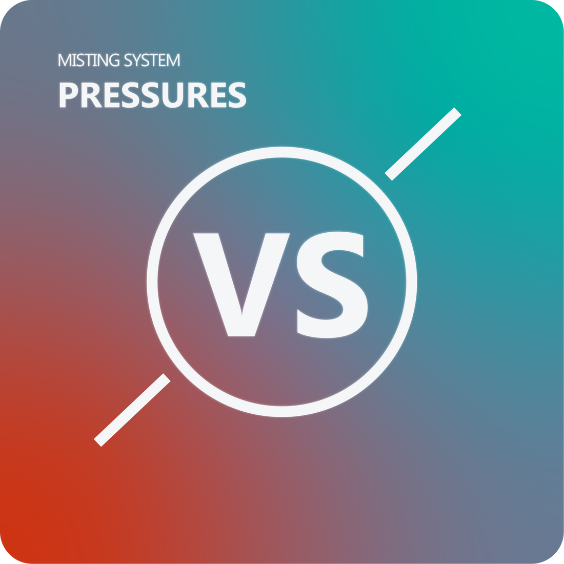 A large VS text in white with a circle on a gradient background. Heading in the top left says "Misting system pressures" inferring the vs is a comparison of misting pressures