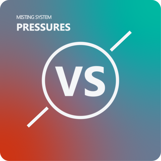 A large VS text in white with a circle on a gradient background. Heading in the top left says "Misting system pressures" inferring the vs is a comparison of misting pressures