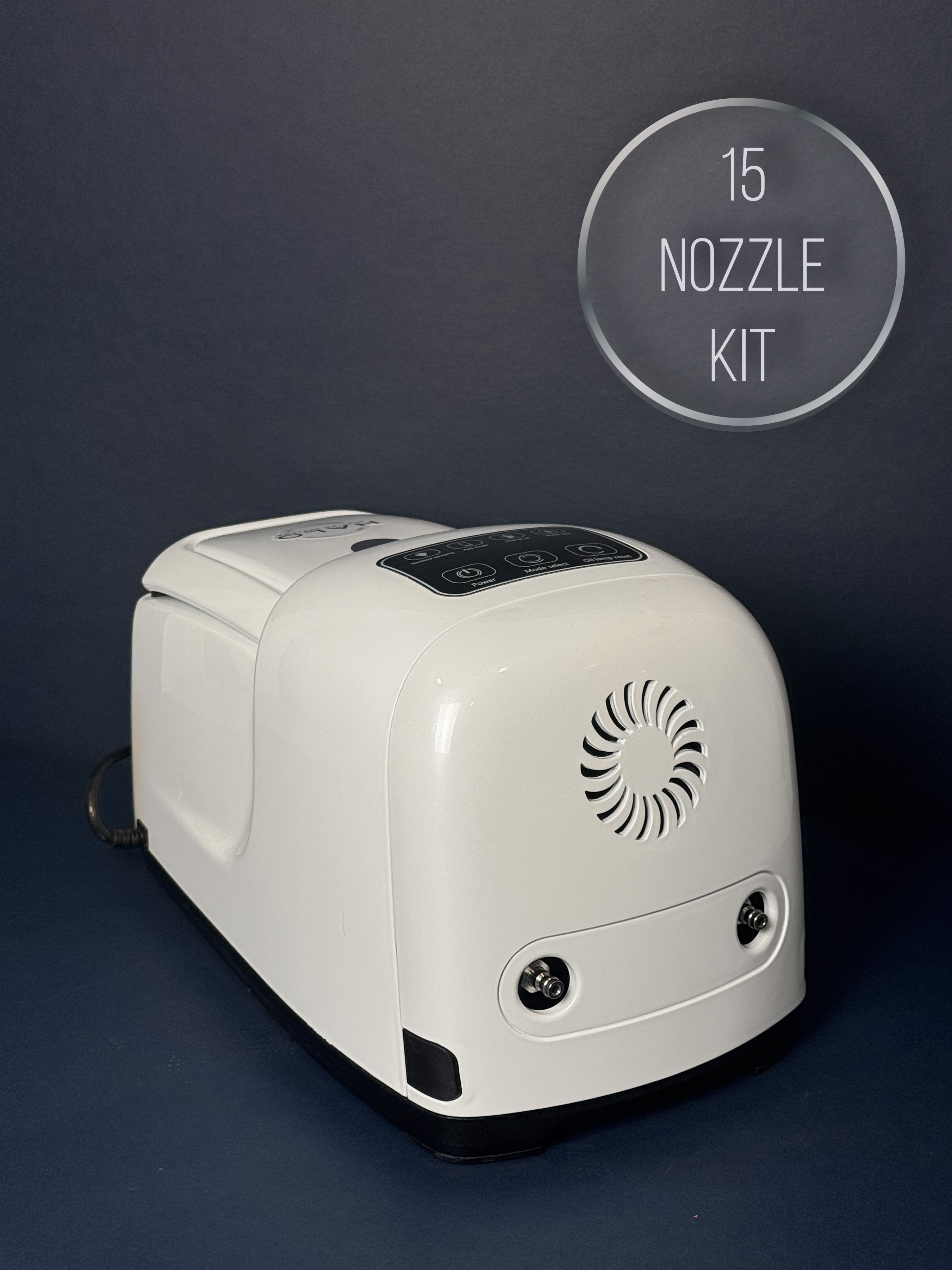 A white high pressure misting pump (1000 PSI) on a navy blue backdrop with the words "20 nozzle kit" in the upper corner