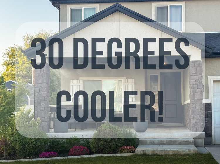 A house with a high pressure 1000 PSI misting system on the porch with the words 30 degrees cooler over the image