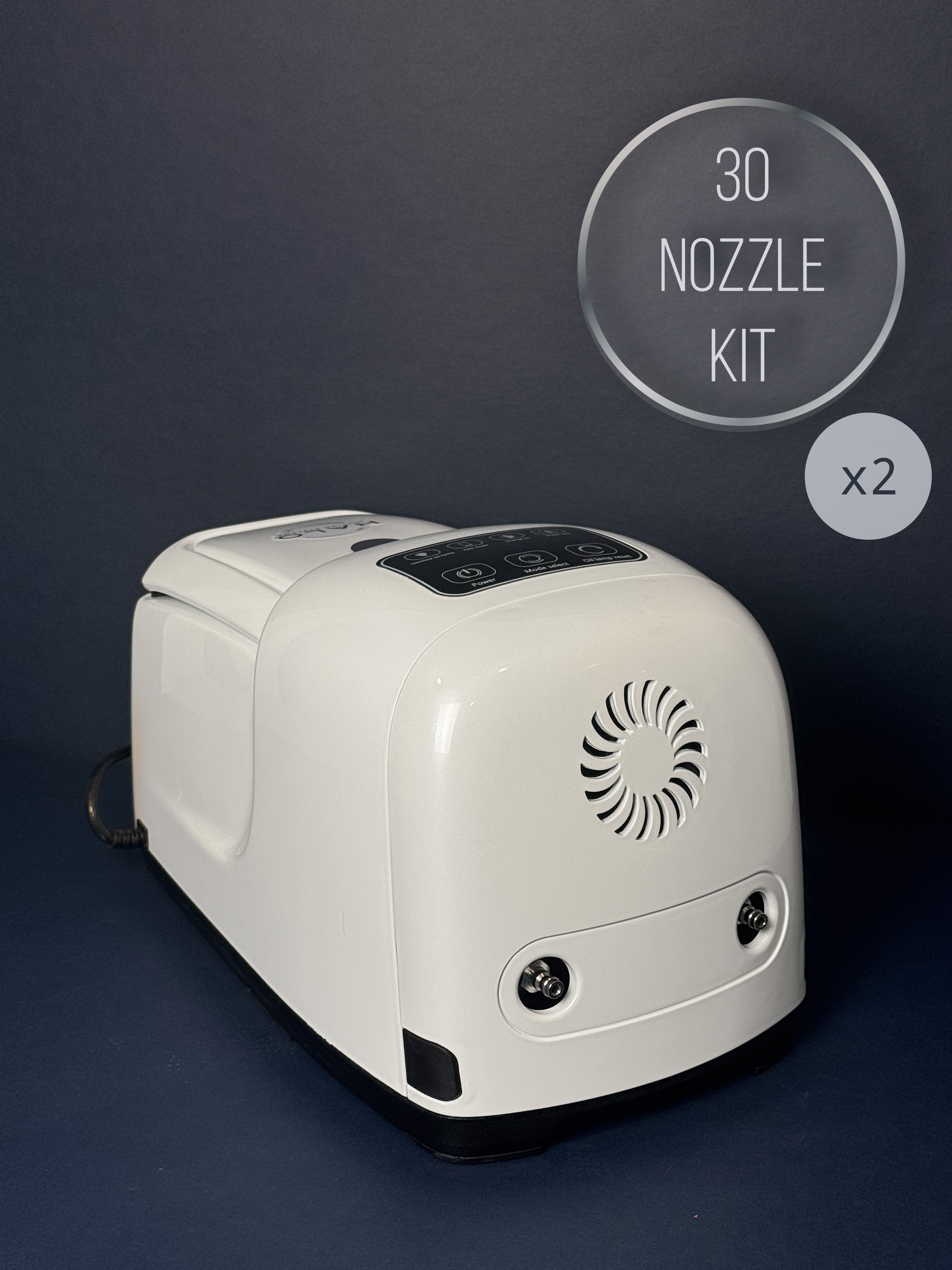 A white high pressure misting pump (1000 PSI) on a navy blue backdrop with the words "30 nozzle kit x2" in the upper corner