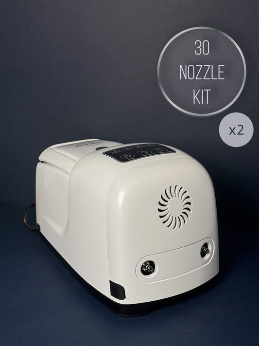 A white high pressure misting pump (1000 PSI) on a navy blue backdrop with the words "30 nozzle kit x2" in the upper corner