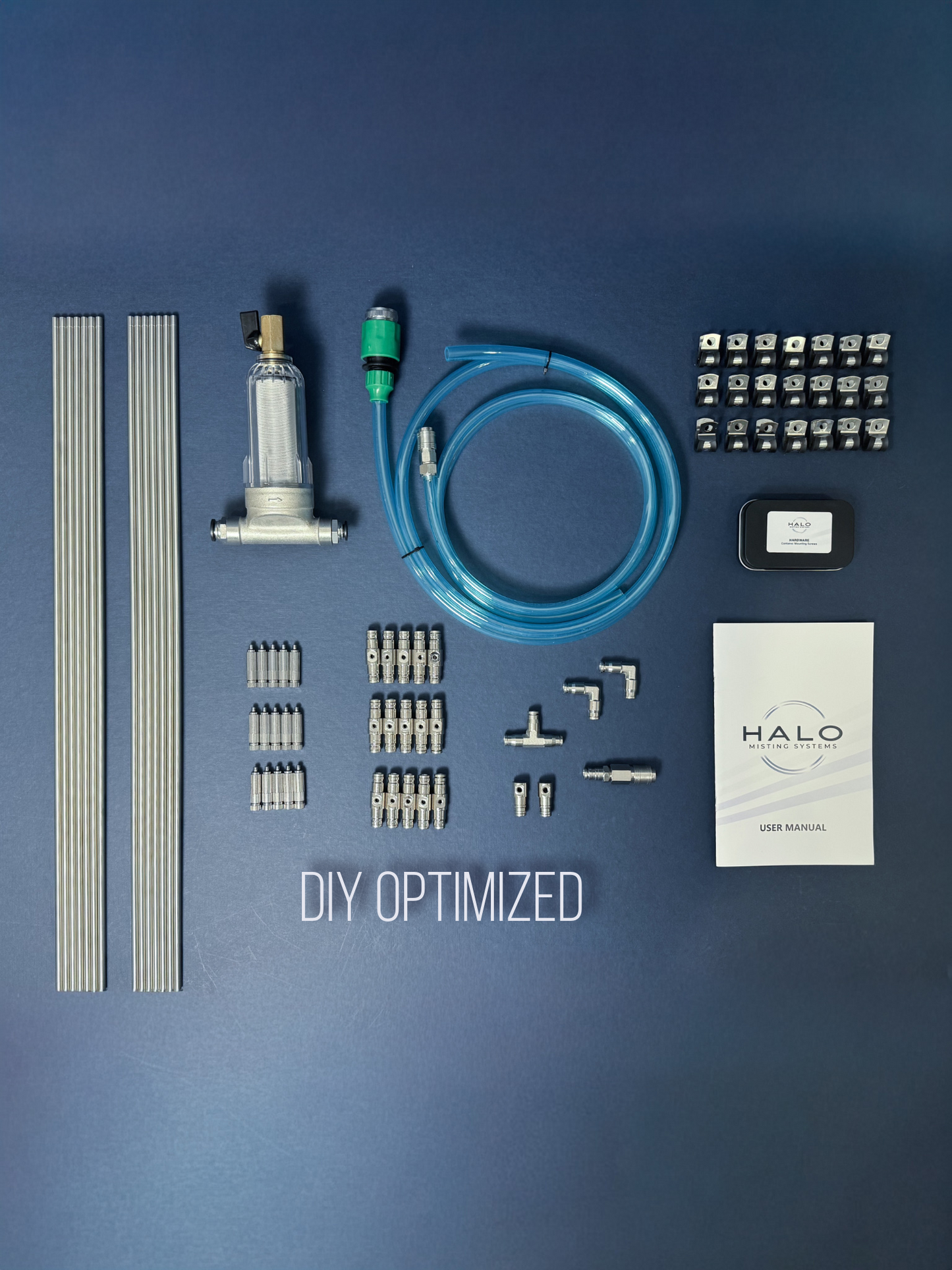 Hardware for a 1000 PSI misting system on a navy blue background with the text "DIY Optimized" on the bottom