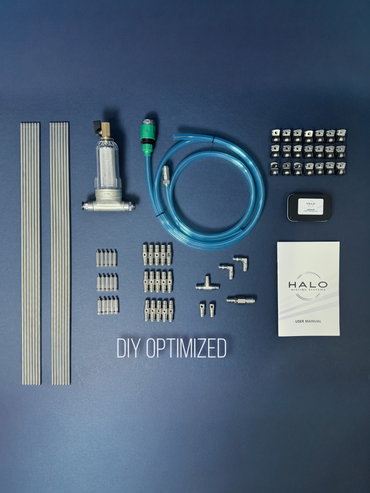Hardware for a 1000 PSI misting system on a navy blue background with the text "DIY Optimized" on the bottom