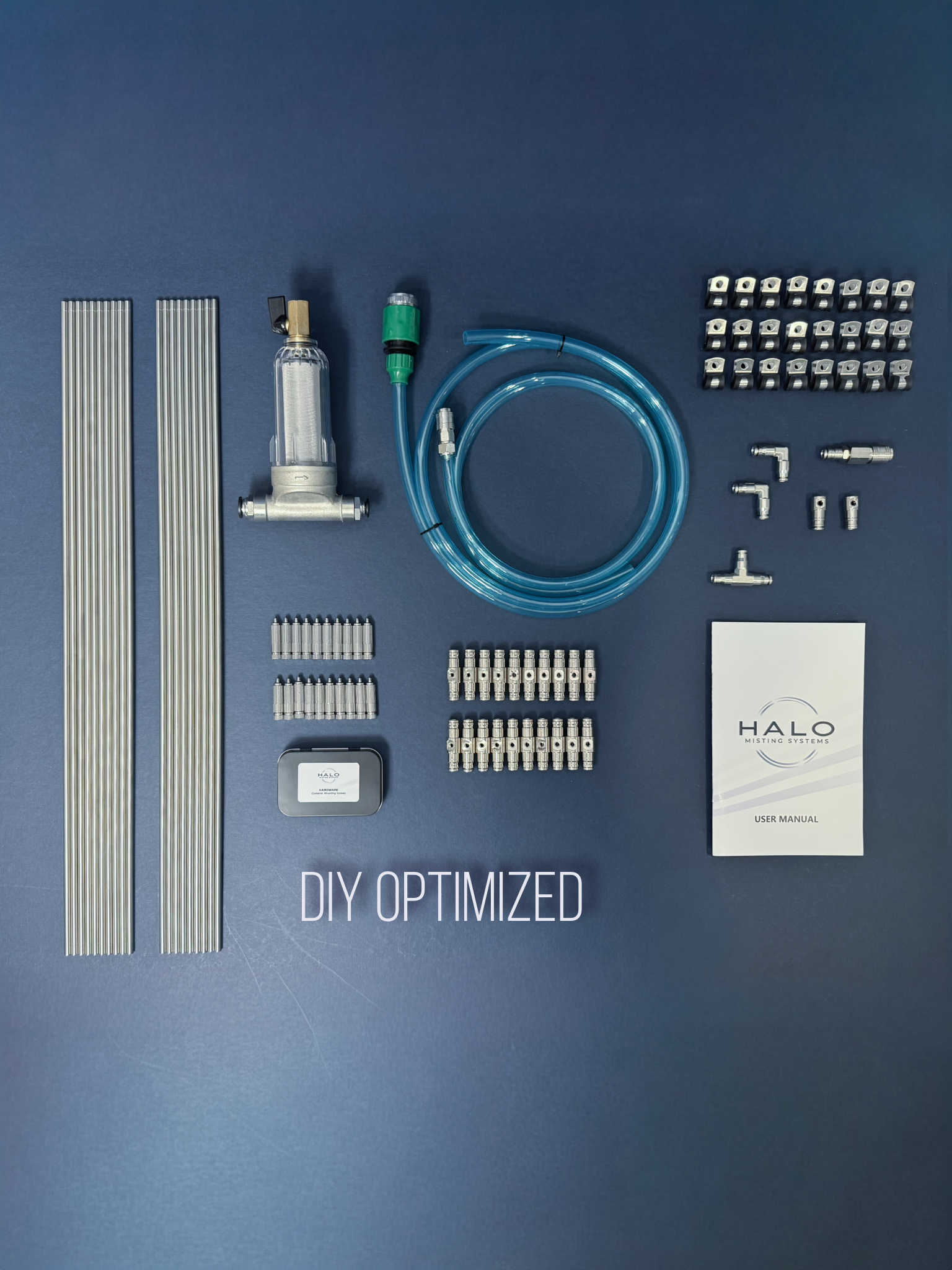 Hardware for a 1000 PSI misting system on a navy blue background with the text "DIY Optimized" on the bottom