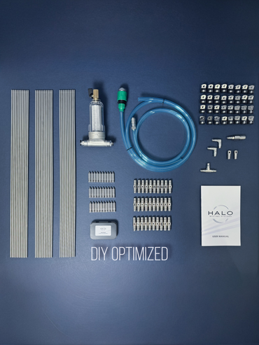 Hardware for a 1000 PSI misting system on a navy blue background with the text "DIY Optimized" on the bottom