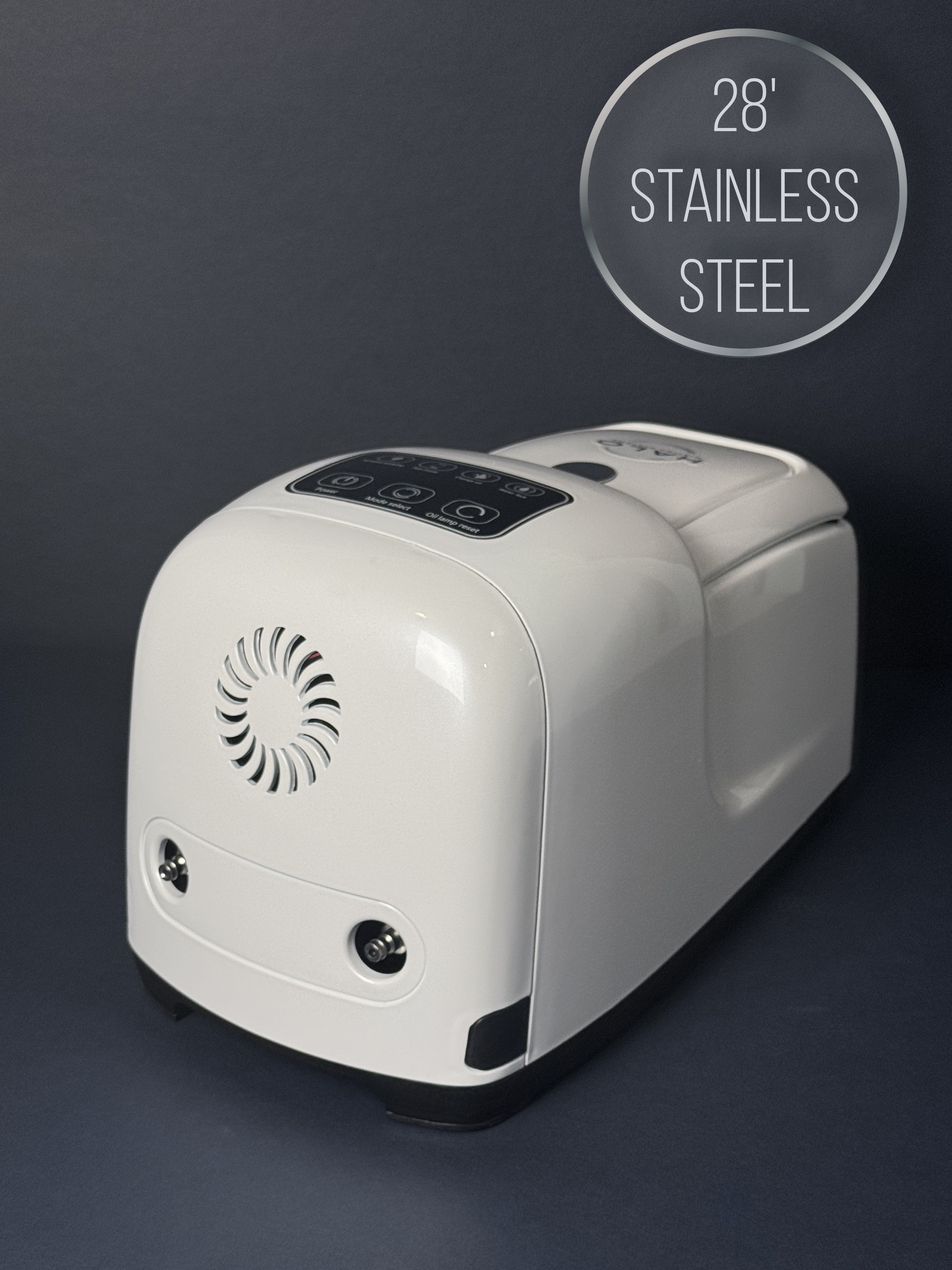 A white high pressure misting pump (1000 PSI) on a navy blue backdrop with the words "28' stainless steel" in the upper corner