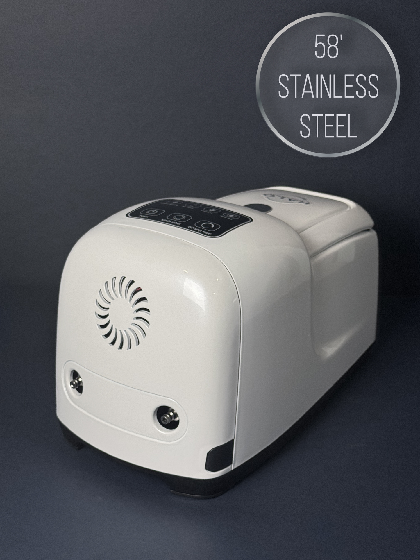 A white high pressure misting pump (1000 PSI) on a navy blue backdrop with the words "58' stainless steel" in the upper corner